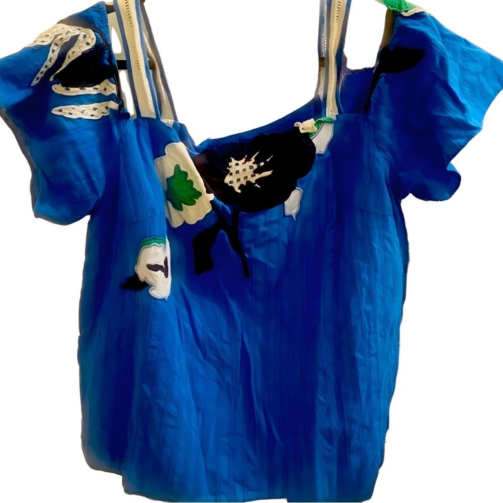 Tanya Taylor blue Ali mesh appliqué top, size 16